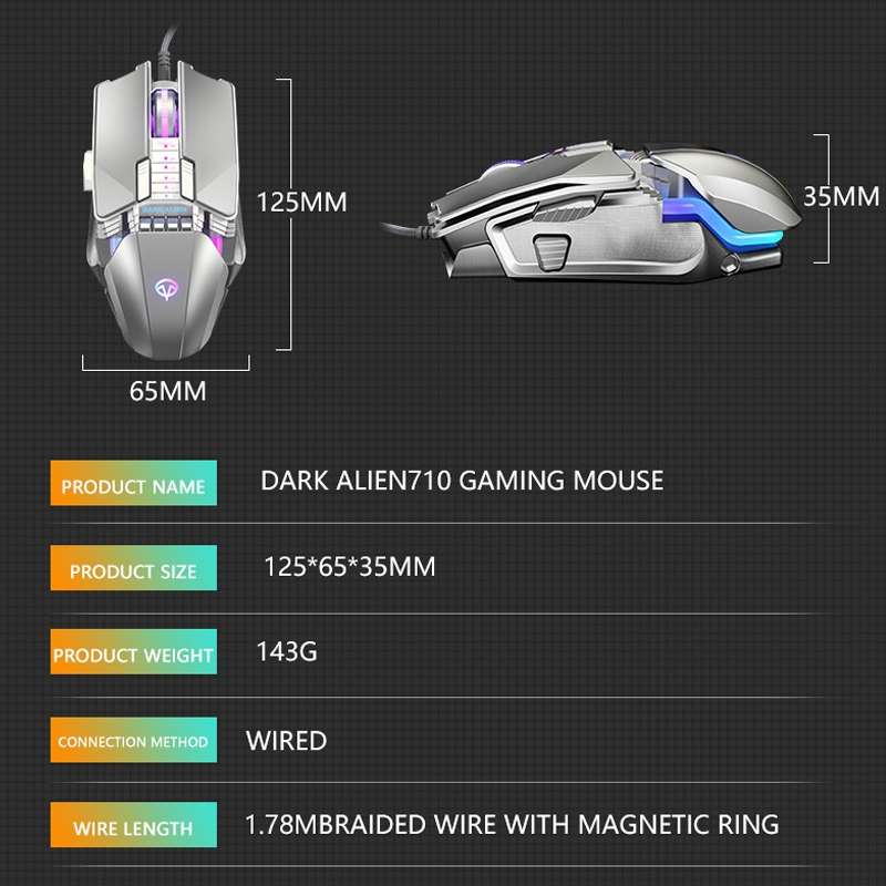 Dark Alien V710 7 Keys Metal Office Wired Glowing Mouse, Cable Length: 1.78m(Black)
