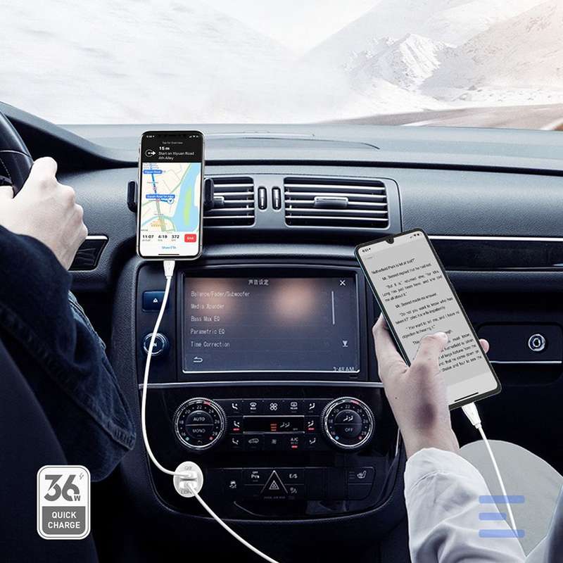 LDNIO C511Q 36W QC 3.0 Phone Fast Charger Dual-USB Ports Smart Car Charger with USB-C/Type-C Cable