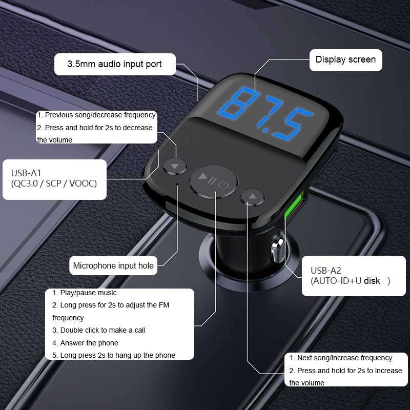 LDNIO C706Q QC3.0+AUTO-ID Car Bluetooth FM Music Digital Display Car Charger with Type-C/USB-C Cable