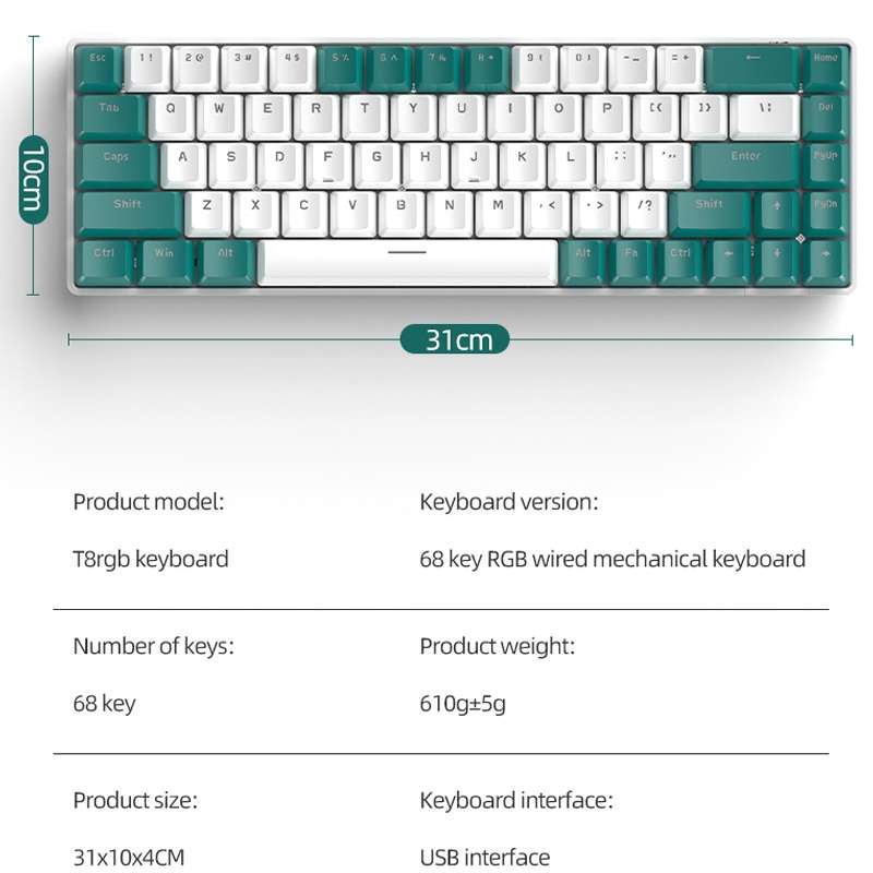ZIYOU LANG T8 68 Keys RGB Gaming Mechanical Keyboard, Cable Length: 1.5m, Style: Micro Light Version