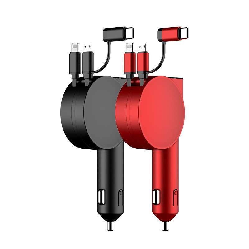 3 In 1 40W Fast Charging Dual Cable Retractable Car Charger(Black)