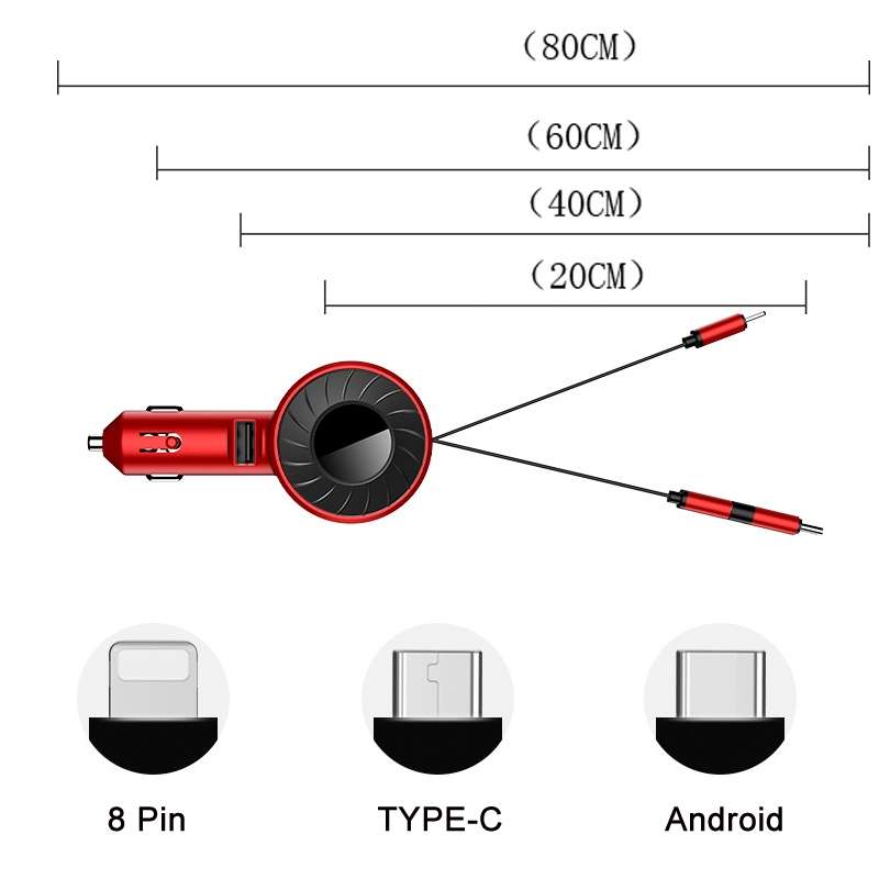 3 In 1 USB Dual Cable Single Pull Retractable Car Charger(Red)