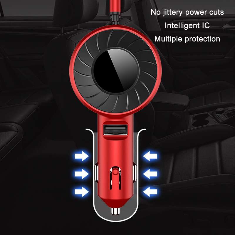 3 In 1 USB Dual Cable Single Pull Retractable Car Charger(Red)