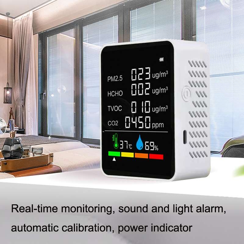 ZN-2COWT 6 In 1 PM2.5 Infrared Sensor CO2 Formaldehyde TVOC Temperature Humidity Detector(White)