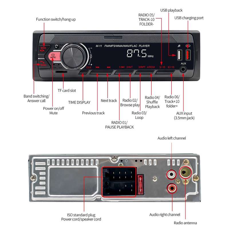 A3032 Car Bluetooth MP3 Player ISO Interface EQ Sound Effect Fast Charge Colorful Button Radio(Black