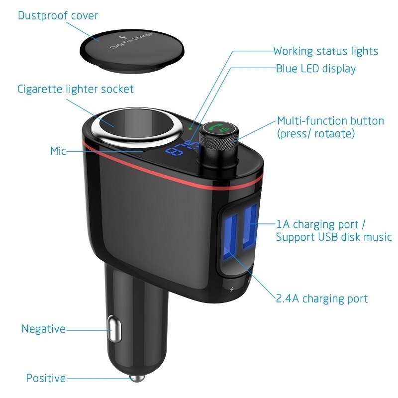 S-06 Bluetooth Multifunctional Car Cigarette Lighter 100W One for Two High Power Charger