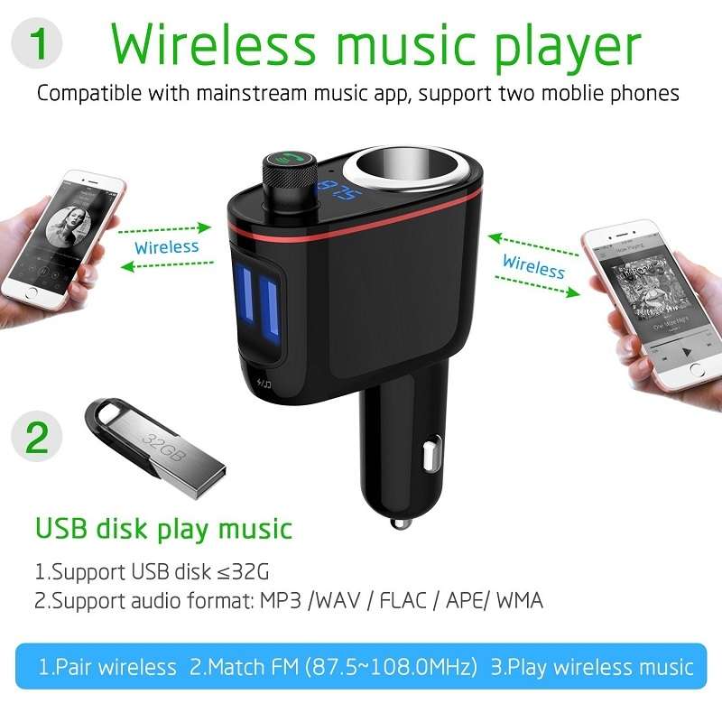S-06 Bluetooth Multifunctional Car Cigarette Lighter 100W One for Two High Power Charger