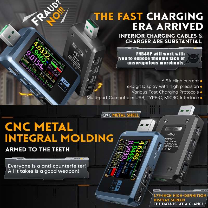 FNIRSI FNB48P USB Mobile Phone DC Power Charger Detector, Color: Without Bluetooth Black
