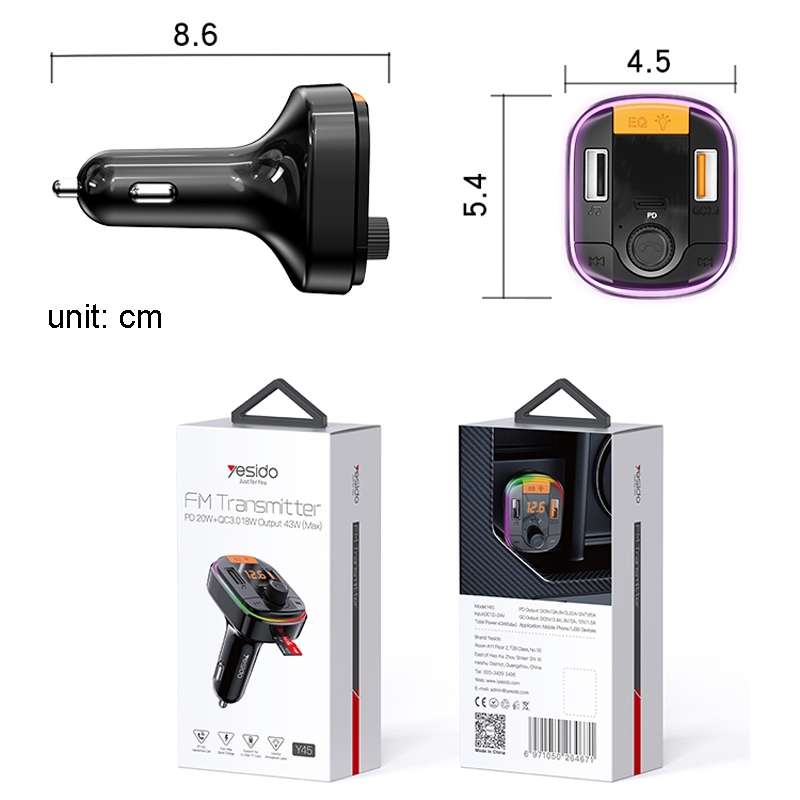 Yesido Y45 Car PD Charger Cigarette Lighter QC Car Charging USB Bluetooth Digital Display FM(Black)