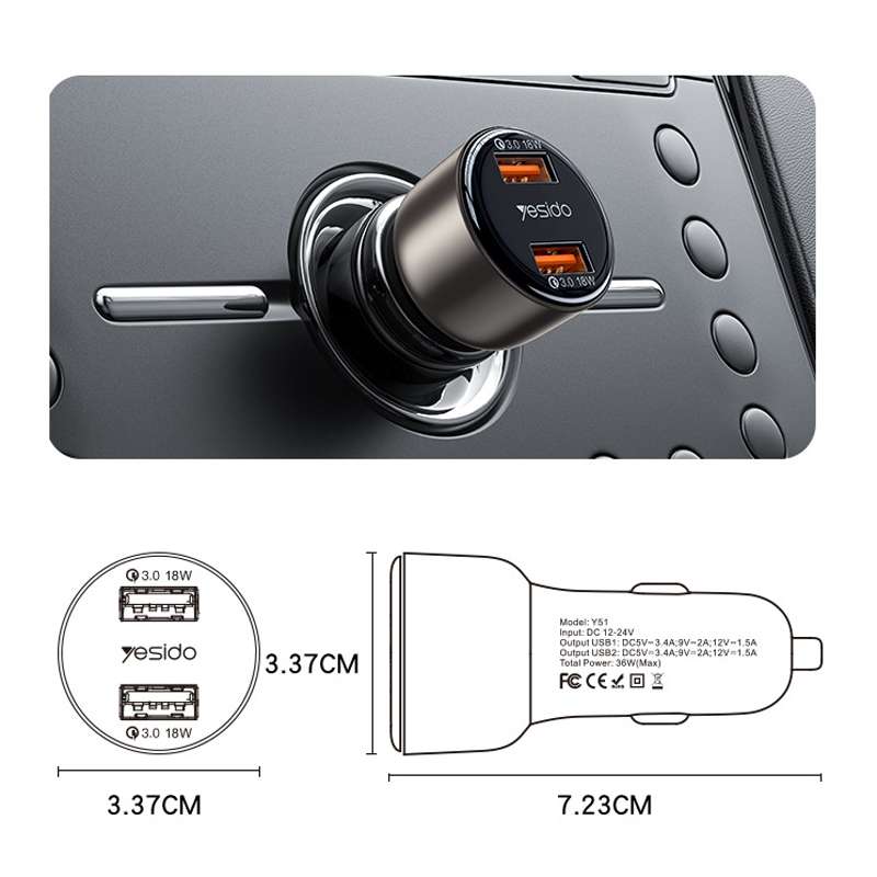 Yesido Y51 36W Dual-channel Fast Charging Zinc Alloy QC3.0 Car Charger(Black)
