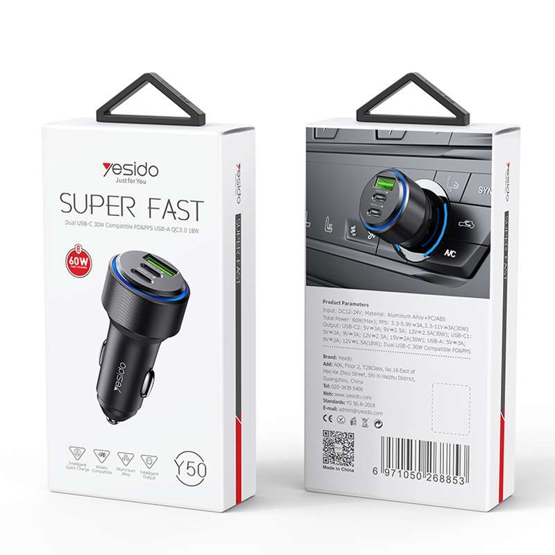 Yesido Y50 Car USB3.0 Fast Charger 30W Aluminum Alloy PD Fast Charging(Black)