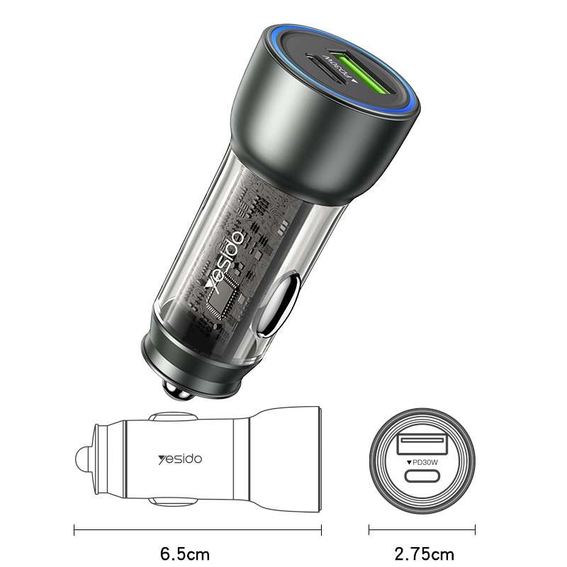 Yesido Y49 Car USB3.0 Fast Charger 30W Translucent PD Fast Charging(Black)