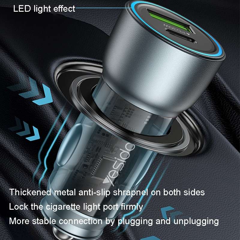 Yesido Y49 Car USB3.0 Fast Charger 30W Translucent PD Fast Charging(Black)