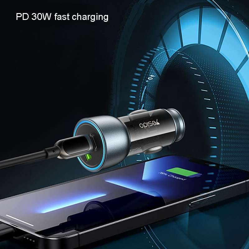Yesido Y49 Car USB3.0 Fast Charger 30W Translucent PD Fast Charging(Black)