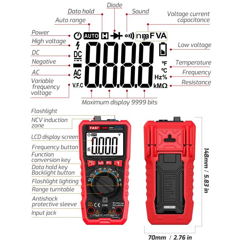 TASI TA801A Digital Multimeter Fully Automatic Multifunctional Digital Current Meter(Manual Model, W