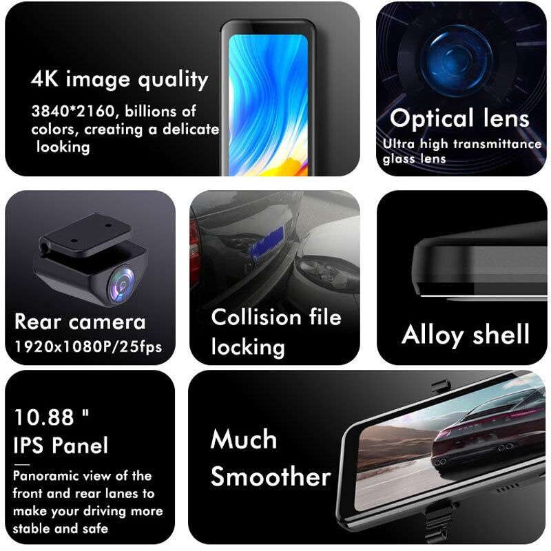 Anytek Q8 4K HD Large Screen Car Recorder Double Record Reversing Image Rear View Mirror Night Visio