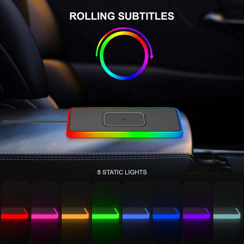 2 In 1 15W Car Mobile Phone Wireless Charger Non-slip Mat with Colorful Light USB-C/Type-C Cable 0.3