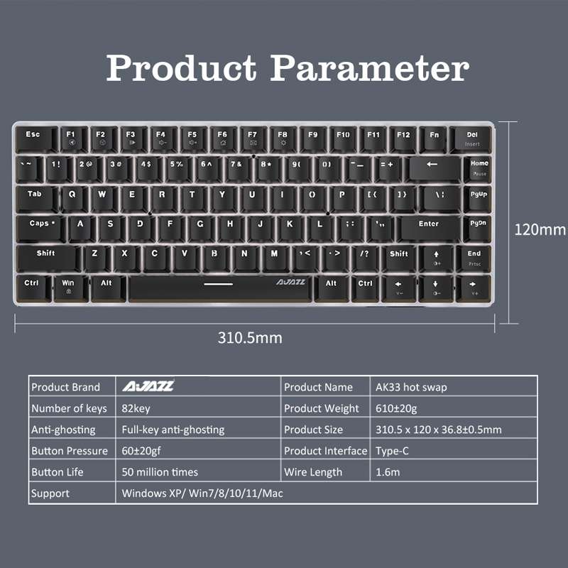 Ajazz AK33 82 Keys Bluetooth 5.0/Wired Dual Mode Red Shaft Mechanical Keyboard White Light (Black)