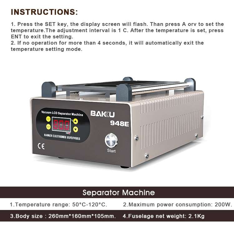 BAKU BA-948E Mobile Phone Liquid Crystal Separation Machine Flat Display Separator Heating Board US