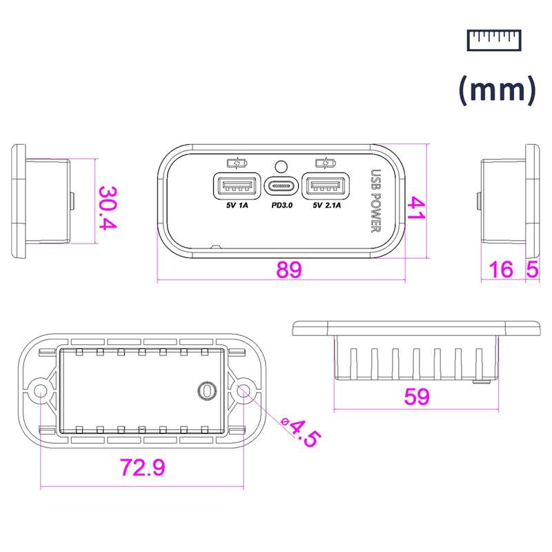 12/24V USB+Type-C Car, RV, Boat Mobile Phone Charger Modification(Black 2.1A+1A+PD3.0)