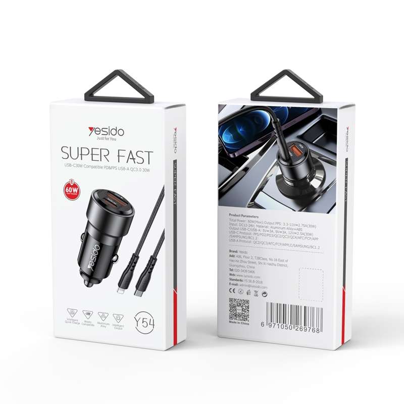 Yesido Y54 With 8 Pin To Type-C/USB-C Line Car Charger QC3.0+PD30W Type-C/USB-C+USB Dual Port Quick