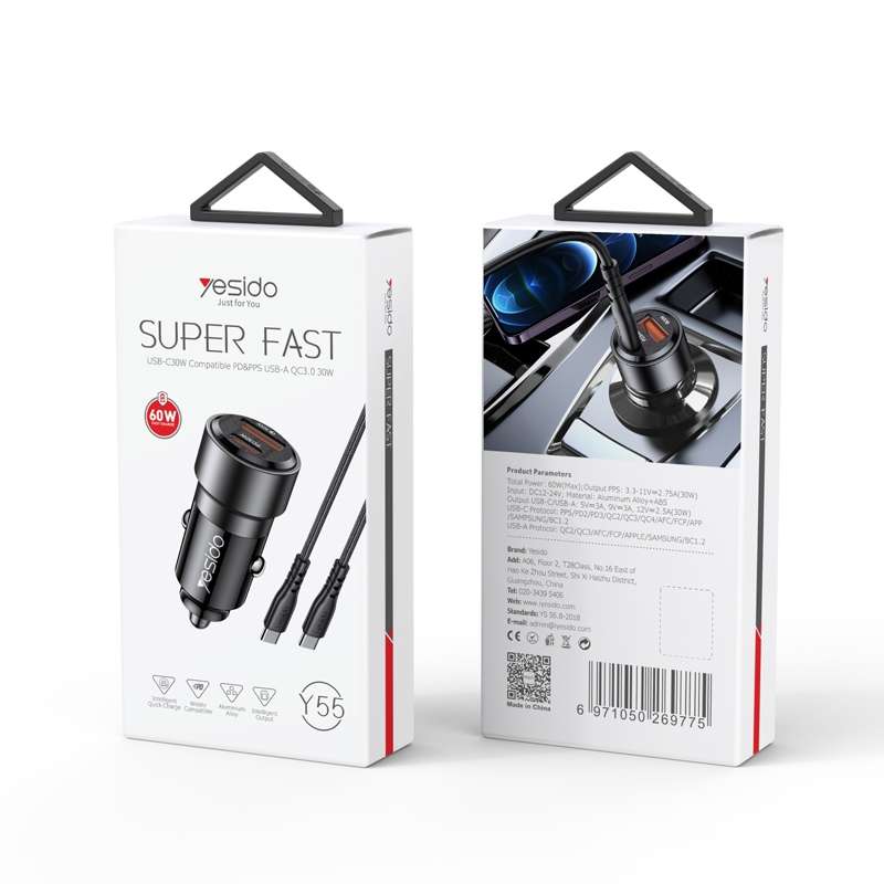 Yesido Y55 With Double Type-C/USB-C Port Line Car Charger QC3.0+PD30W Type-C/USB-C+USB Dual Port Qui