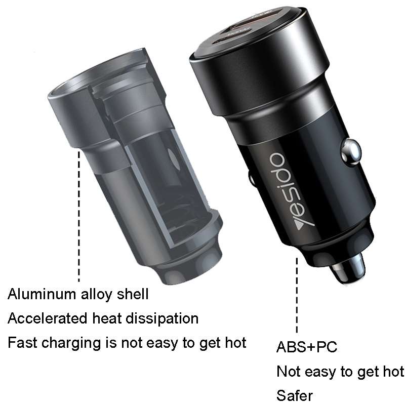 Yesido Y54 With 8 Pin To Type-C/USB-C Line Car Charger QC3.0+PD30W Type-C/USB-C+USB Dual Port Quick