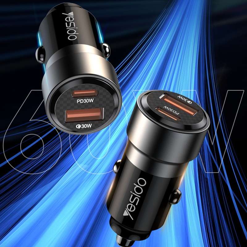 Yesido Y54 With 8 Pin To Type-C/USB-C Line Car Charger QC3.0+PD30W Type-C/USB-C+USB Dual Port Quick
