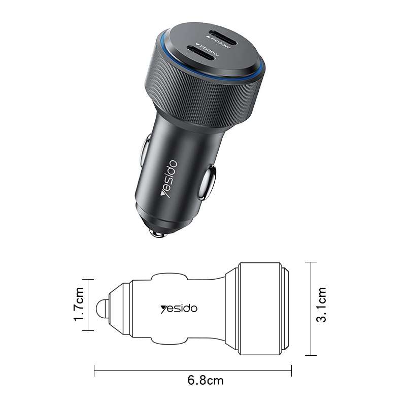 Yesido Y48 60W Car Fast Charger Aluminum Aluminum Double Type-C/USB-C Port Car Charger(Black)