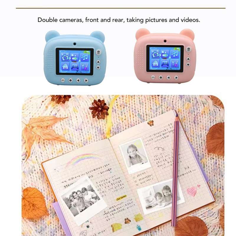 Children Instant Print Camera 1080P 2.4-Inch IPS Screen Dual Lens Photography Camera(Pink)