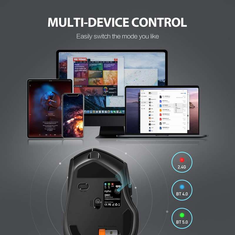 Inphic DR01 Bluetooth 3 Mode Wireless Mouse Charging Quiet Office Game Laptop Computer Home Use(Blac