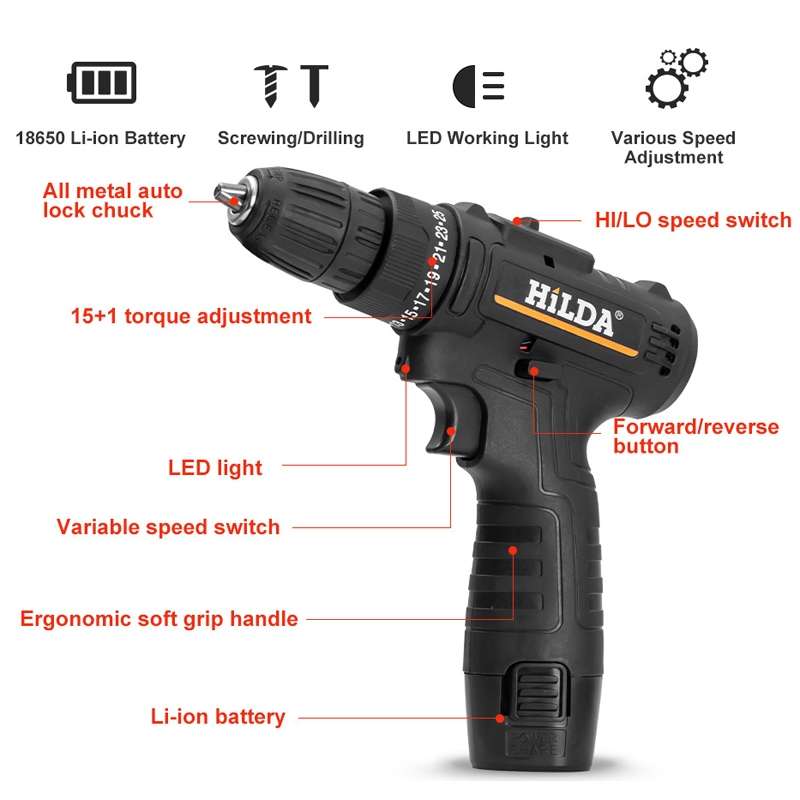 HILDA Home Power Drill 12V Li-Ion Drill With Charger And Battery, EU Plug, Model: Carton Packing
