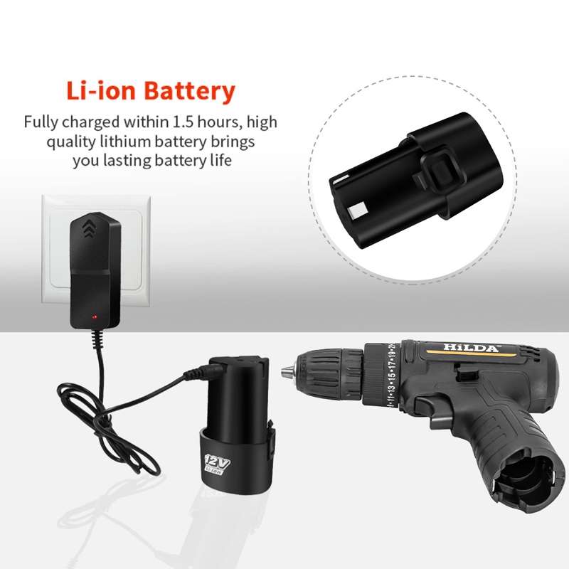 HILDA Home Power Drill 12V Li-Ion Drill With Charger And Battery, EU Plug, Model: Carton Packing