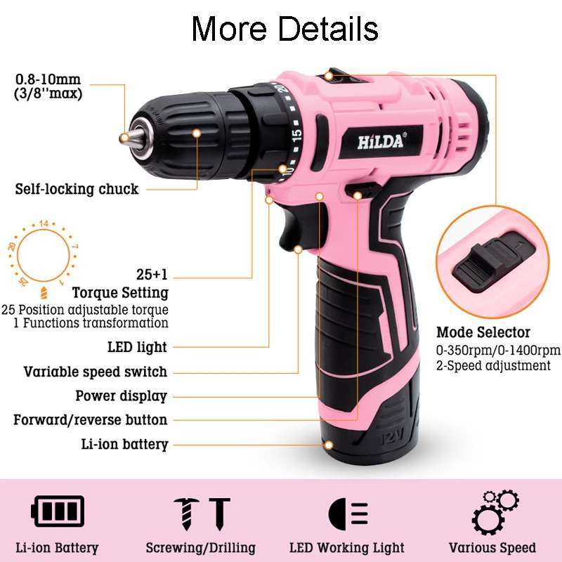 HILDA 12V Cordless Impact Drill Electrical Screwdriver, Plug: US Plug