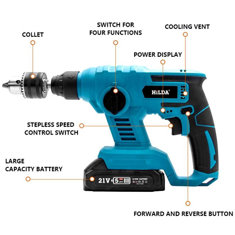 HILDA 12pcs /Set Li-Ion Power Hammer Electrical Impact Drill, Model: 1 Battery+1 Charger US Plug