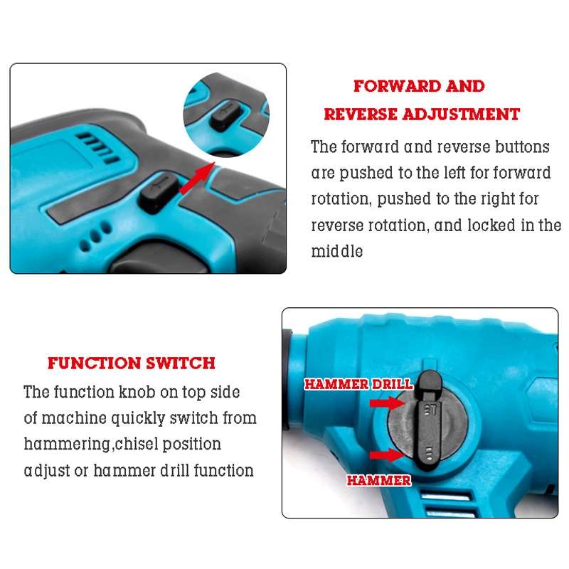 HILDA 12pcs /Set Li-Ion Power Hammer Electrical Impact Drill, Model: 1 Battery+1 Charger US Plug