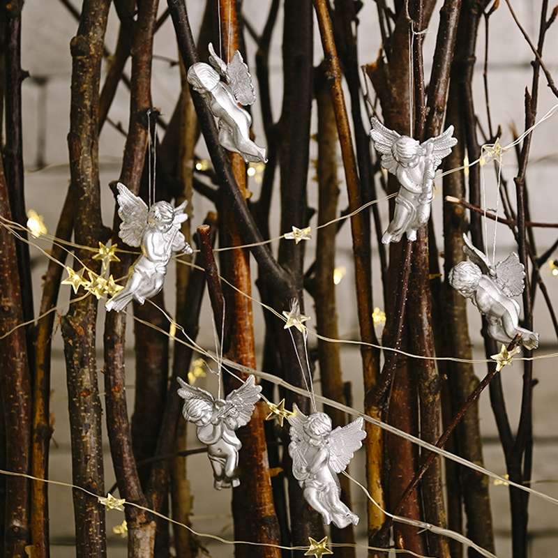 6pcs /Pack Christmas Angel Pendant Decoration Electroplated Semi-Dimensional Hanging Ornament(Silver