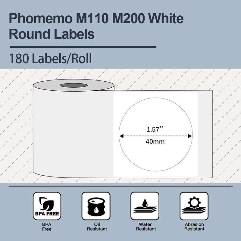 For Phomemo M110 / M200 180pcs /Roll 40x40mm Round Self-Adhesive Thermal Labels