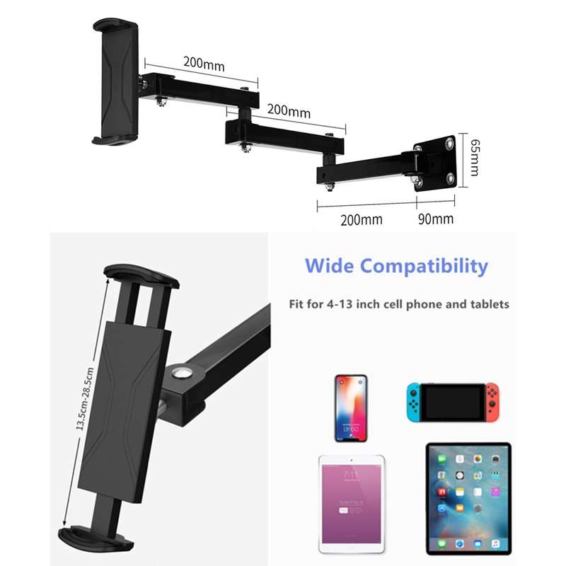 Wall Mount Tablet Cell Phone Stand Long Arm Stretchable Holder for 4-13 Inch Devices(3 Sections)
