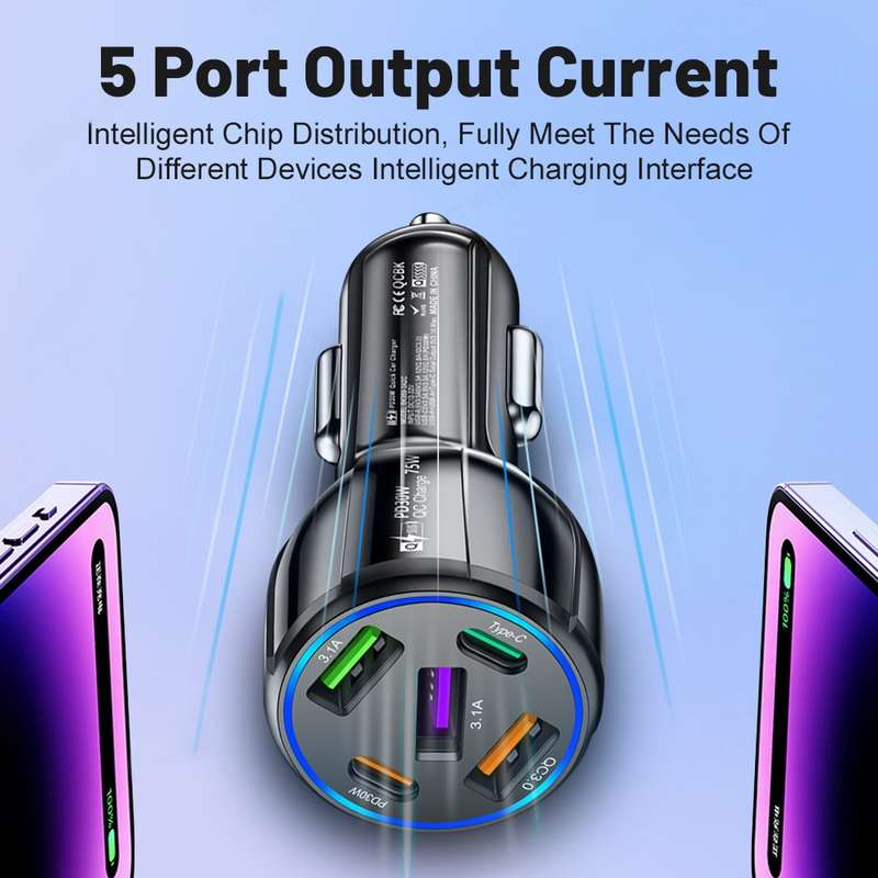 3USB+2PD 75W Dual Line Car Mobile Phone Fast Charging Charger(White)