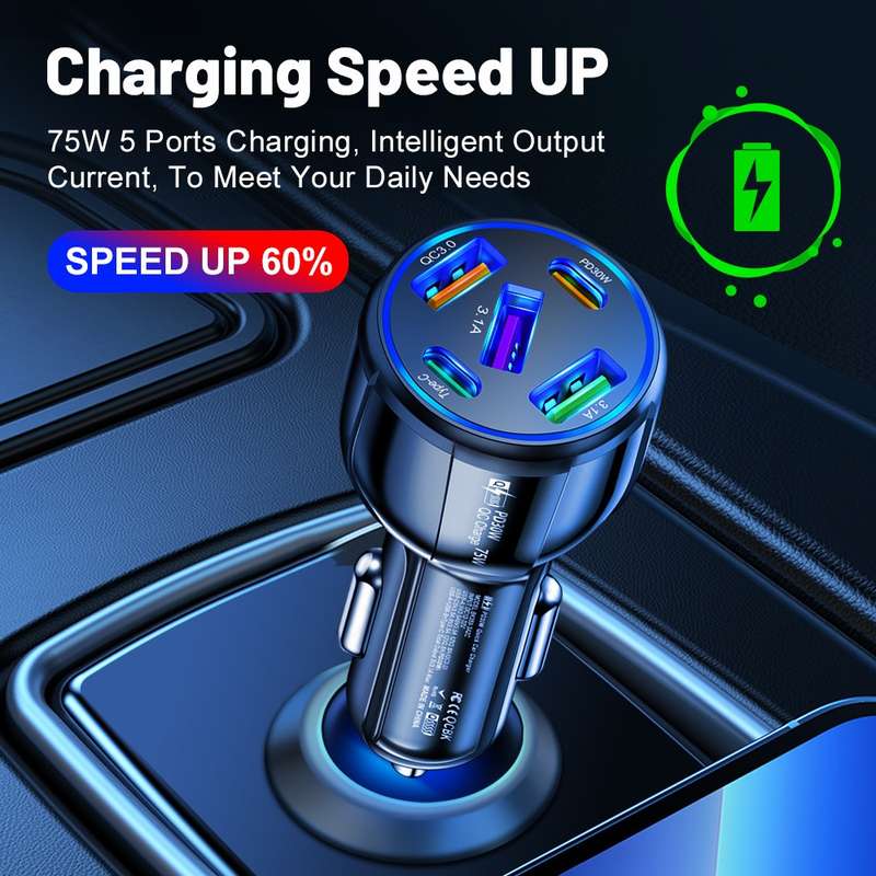 3USB+2PD 75W Dual Line Car Mobile Phone Fast Charging Charger(White)