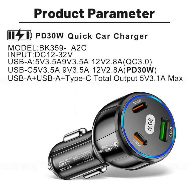 90W Super Fast Charging USB-C Car Charger Dual PD 30W+QC3.0 Charging Station(White)