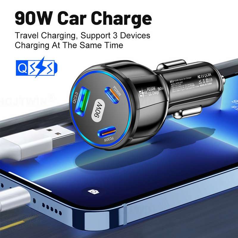 90W Super Fast Charging USB-C Car Charger Dual PD 30W+QC3.0 Charging Station(White)