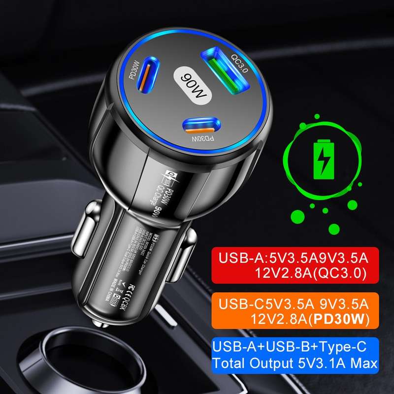 90W Super Fast Charging USB-C Car Charger Dual PD 30W+QC3.0 Charging Station(White)