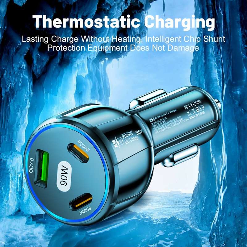 90W Super Fast Charging USB-C Car Charger Dual PD 30W+QC3.0 Charging Station(White)