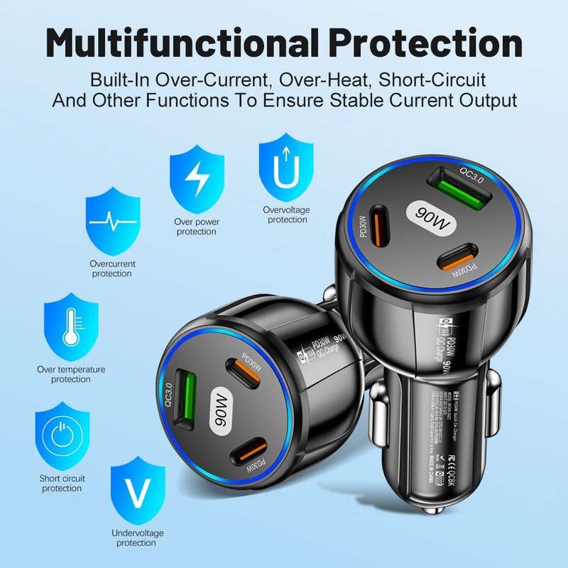 90W Super Fast Charging USB-C Car Charger Dual PD 30W+QC3.0 Charging Station(White)