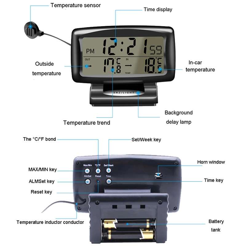 LCD Night Light Car Clock Automotive Electronics Inside And Outside Dual Thermometer