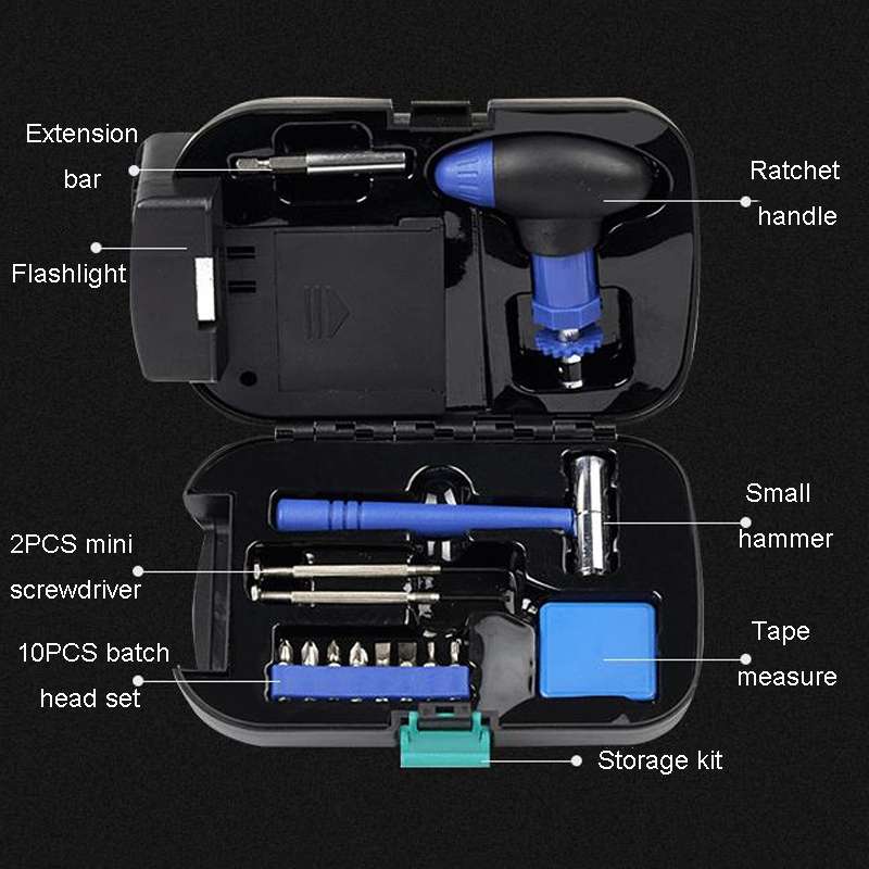 14 In 1 Flashlight Tool Kit Lighting Hardware Utility Set(Black Blue)