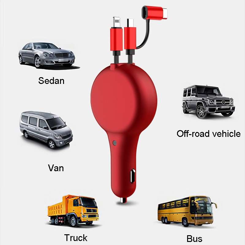 PD18W +QC 3.0 3 In 1 Retractable Car Charger With 8 Pin & Type-C/USB-C & Micro Port(Black)