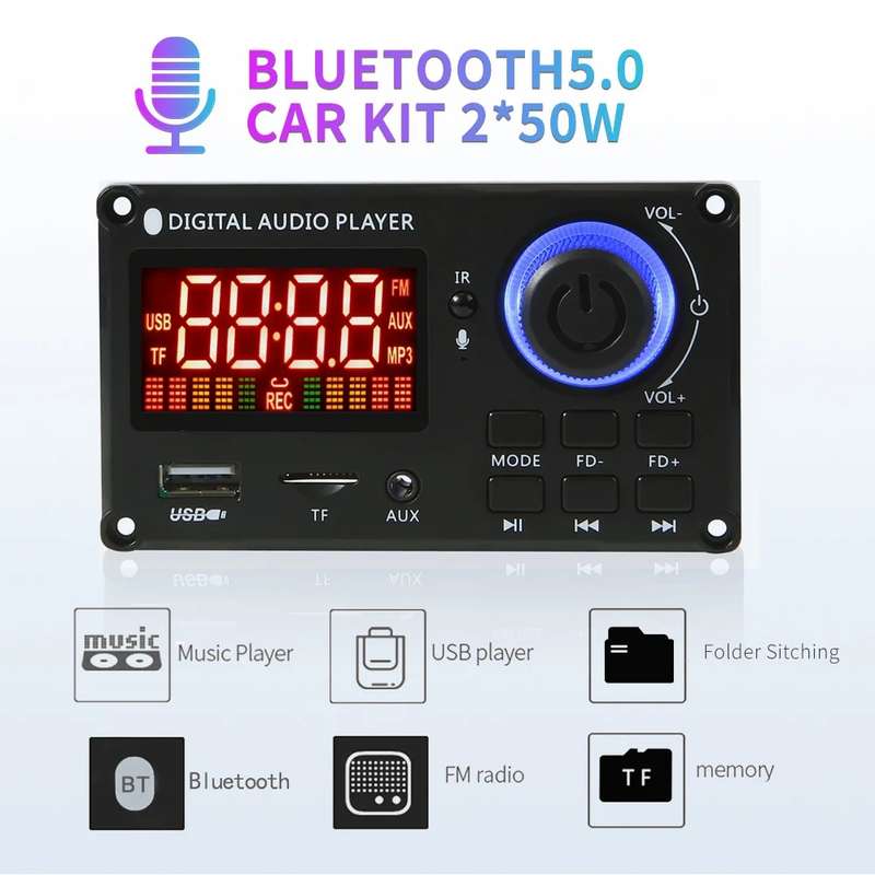 100W 12V TPA3116 Color Screen Power Amplifier Bluetooth Decoder Board With Recording Call(Small Sili